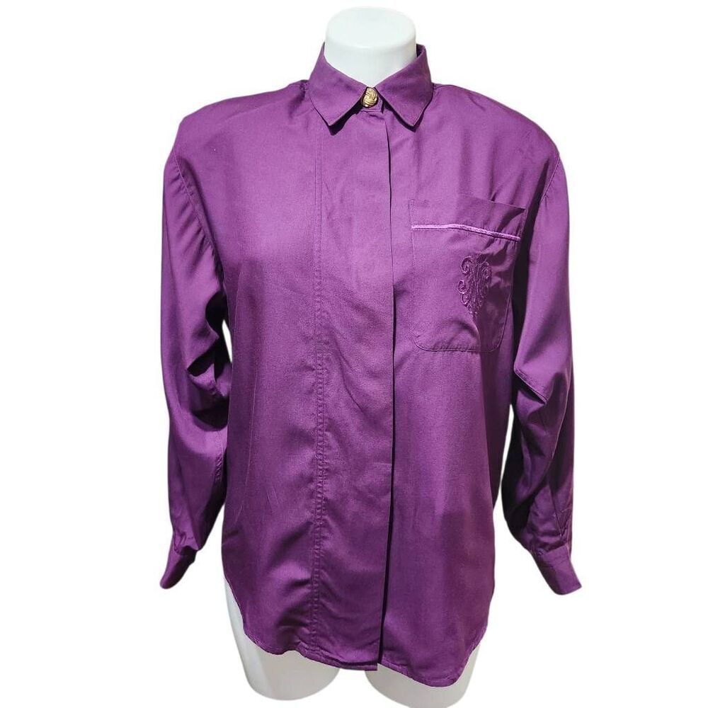 Studio Michelle Stuart rayon blouse hidden button front gold button purple small